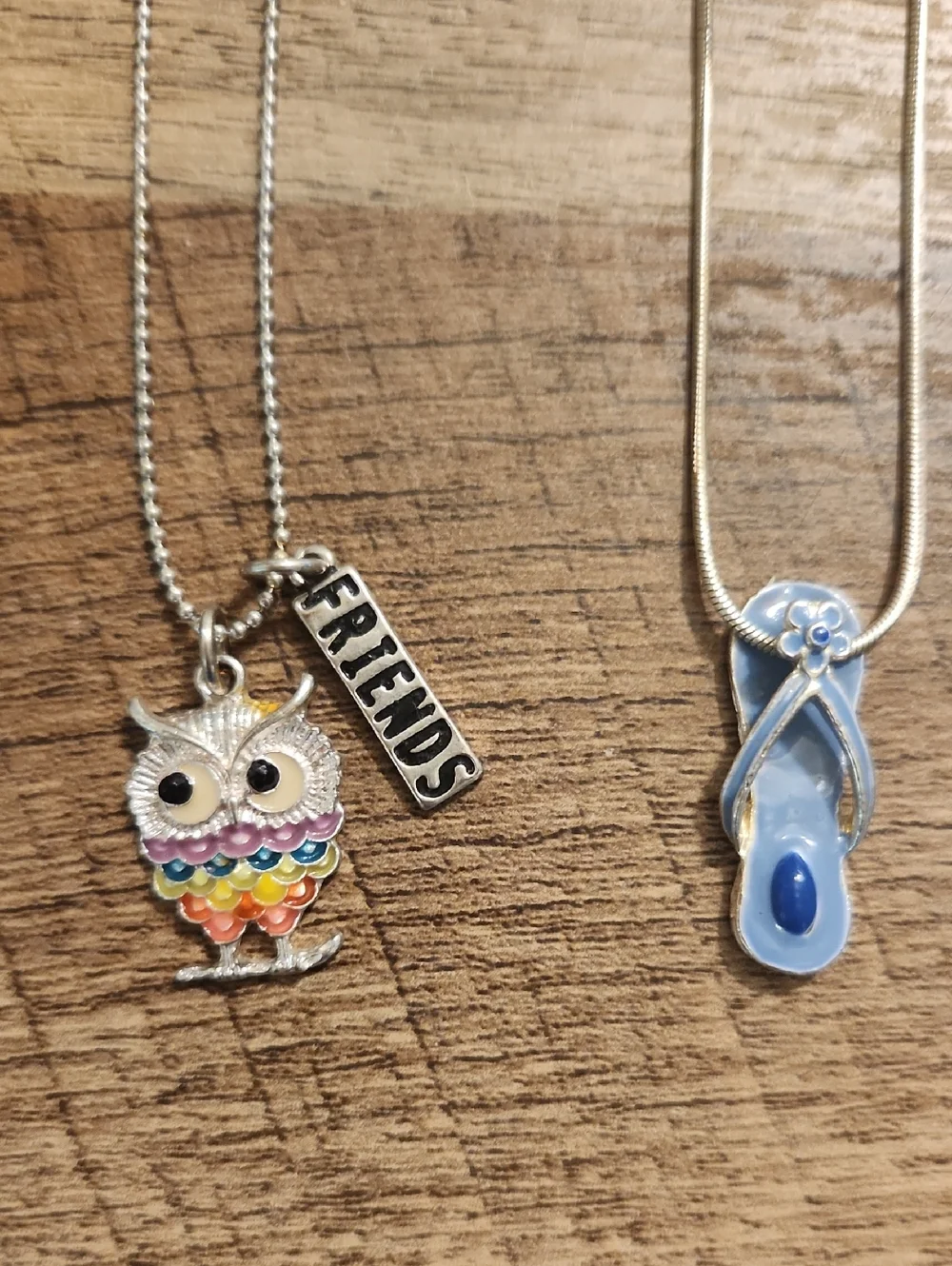 Kids Colorful Owl 'Friends' Pendant Necklace - Blue Flip Flop Accent